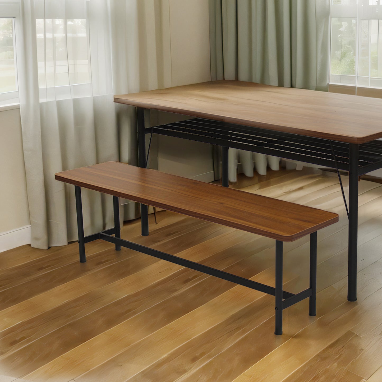 Modern 1x Dining Table +1x Bench Set Steel Home Kitchen Farmhouse