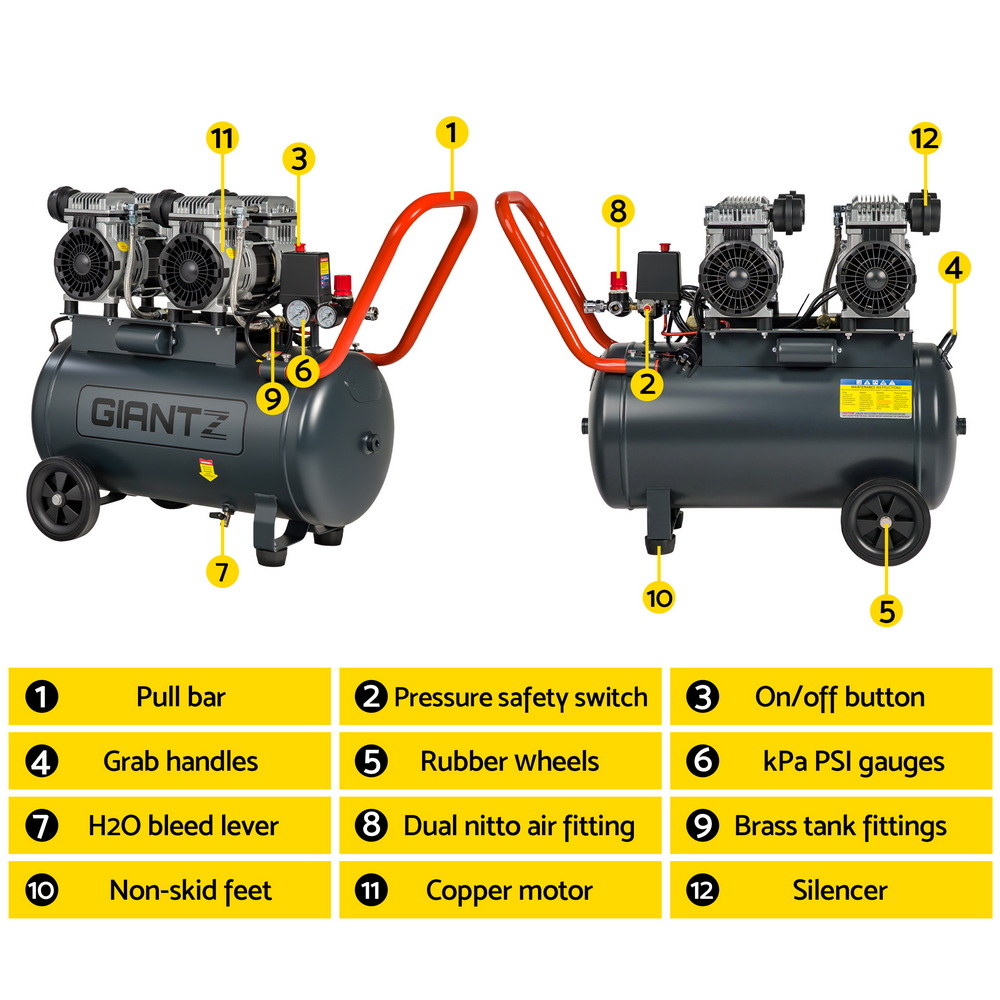 50L Air Compressor Quiet 3.0Hp Oil-Free Portable Tyre Inflator
