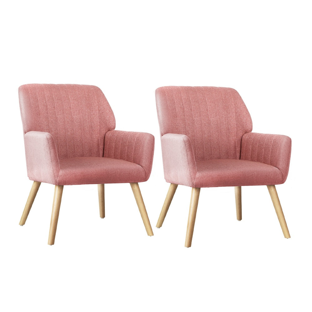 2x Armchair Lounge Sofa Fabric Accent Chairs Padded Pink/Grey Set