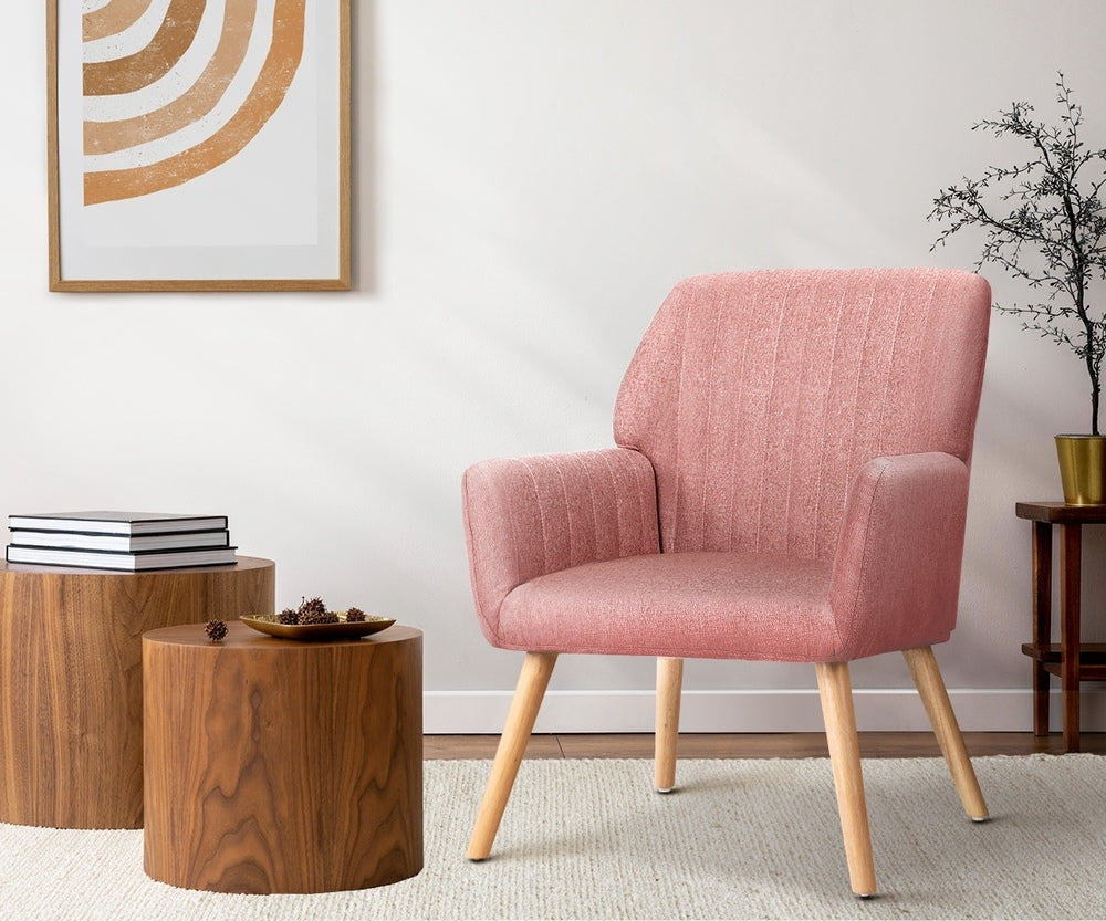 2x Armchair Lounge Sofa Fabric Accent Chairs Padded Pink/Grey Set