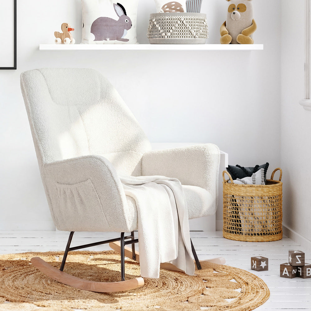 Rocking Chair Armchair Sherpa Accent Upholstered Living Room Seat Green/White/Grey