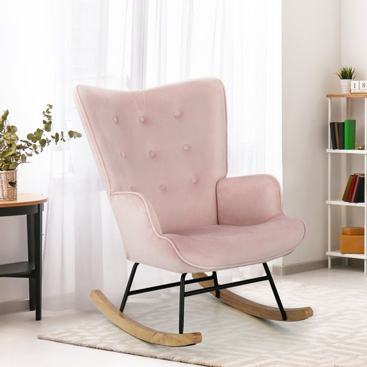 Modern Velvet Rocking Armchair Rubberwood Base - Pink 