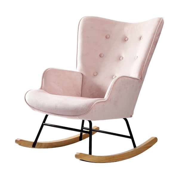  Modern Velvet Rocking Armchair Rubberwood Base - Pink