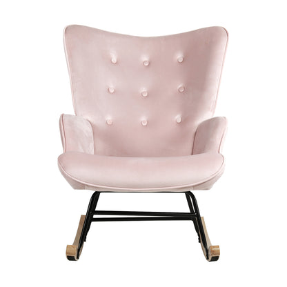Modern Velvet Rocking Armchair Rubberwood Base - Pink 
