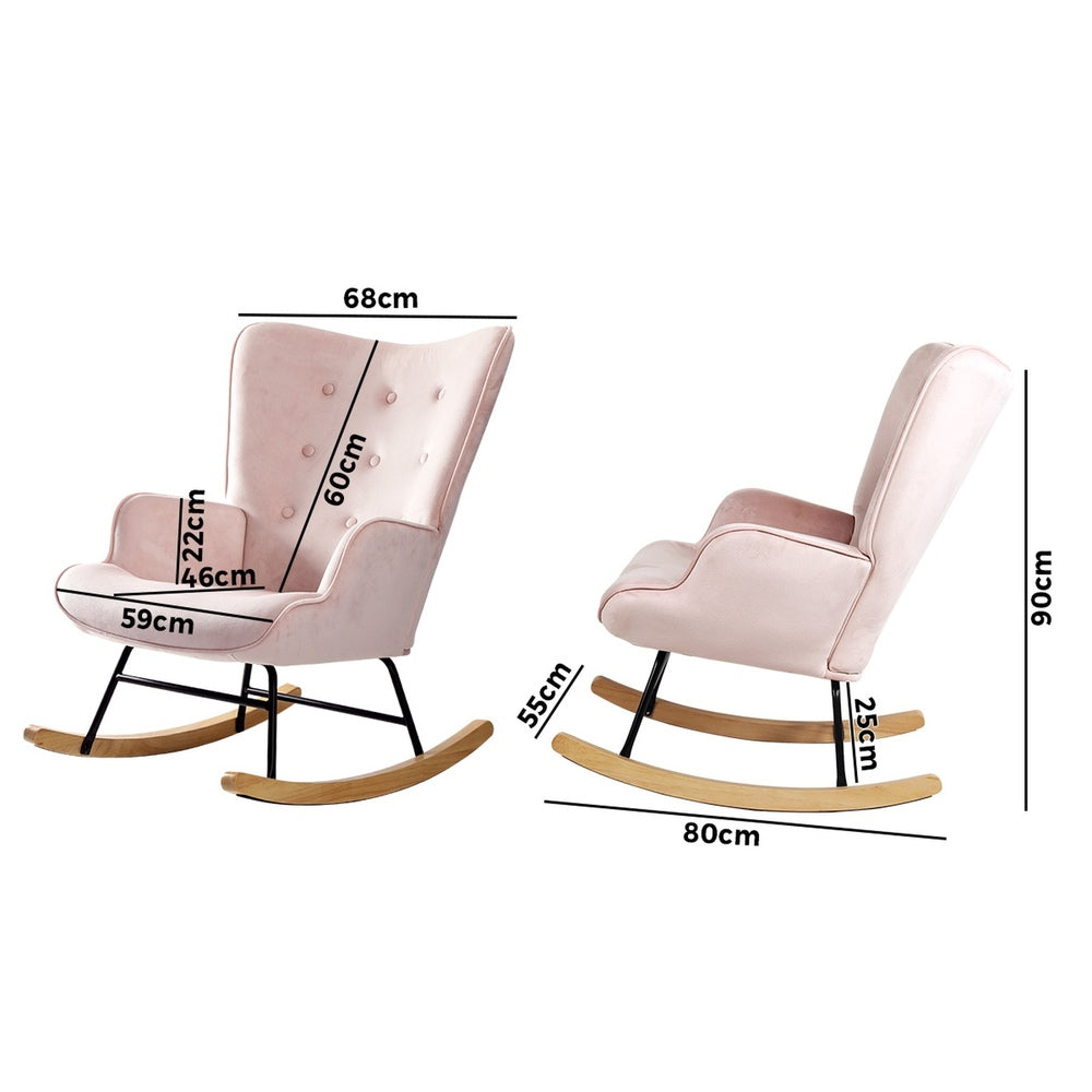 Modern Velvet Rocking Armchair Rubberwood Base - Pink 
