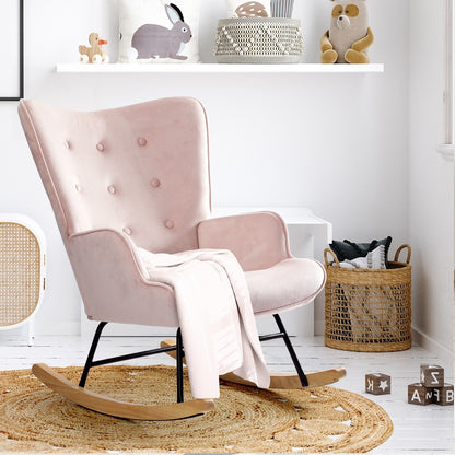 Modern Velvet Rocking Armchair Rubberwood Base - Pink 
