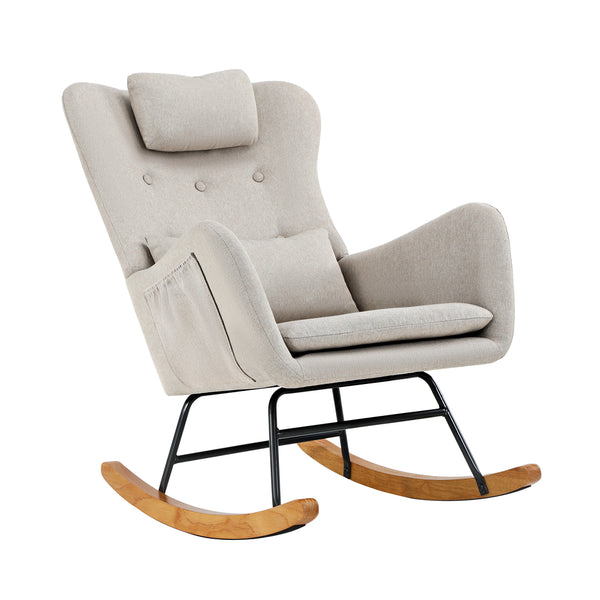  Rocking Chair Nursing Armchair Linen Accent Chairs With 2 Pillow Beige
