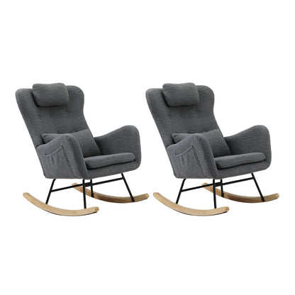 2x Rocking Armchair Nursing Sherpa Chairs with Cushions Grey/Green Set