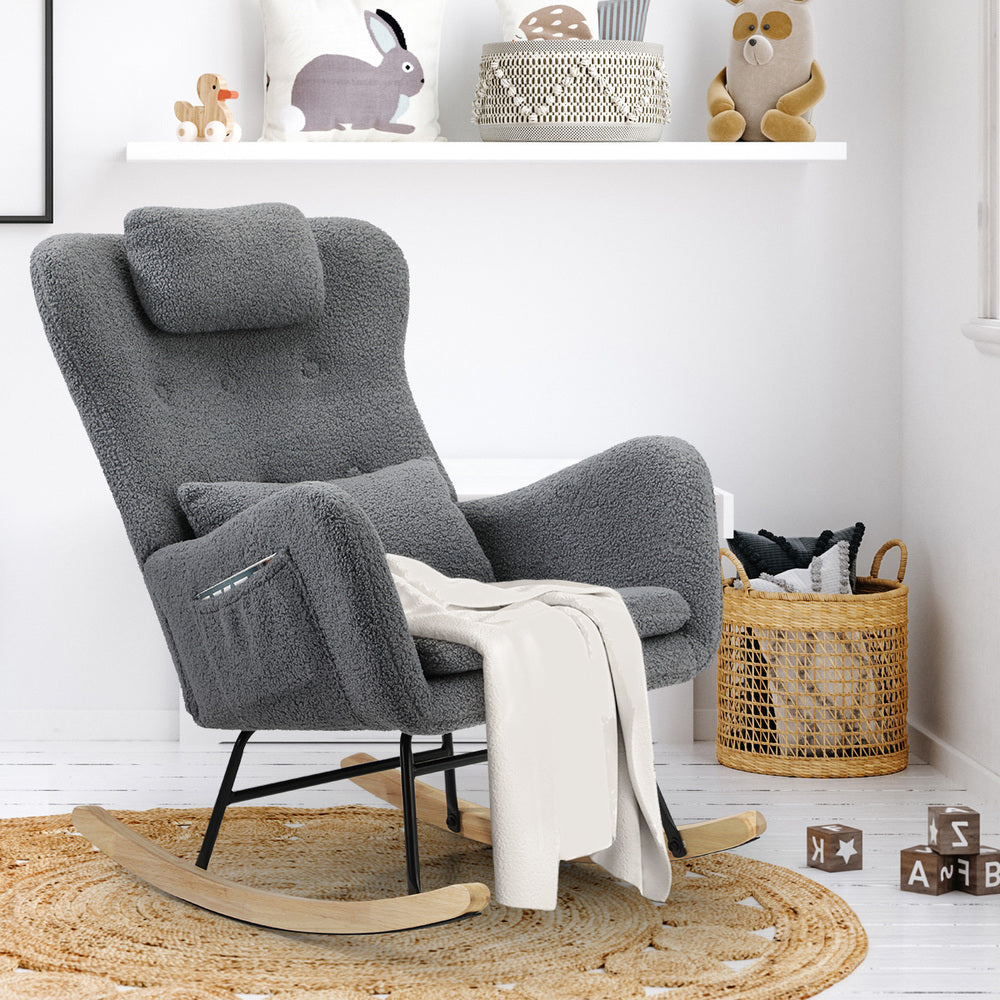 2x Rocking Armchair Nursing Sherpa Chairs with Cushions Grey/Green Set