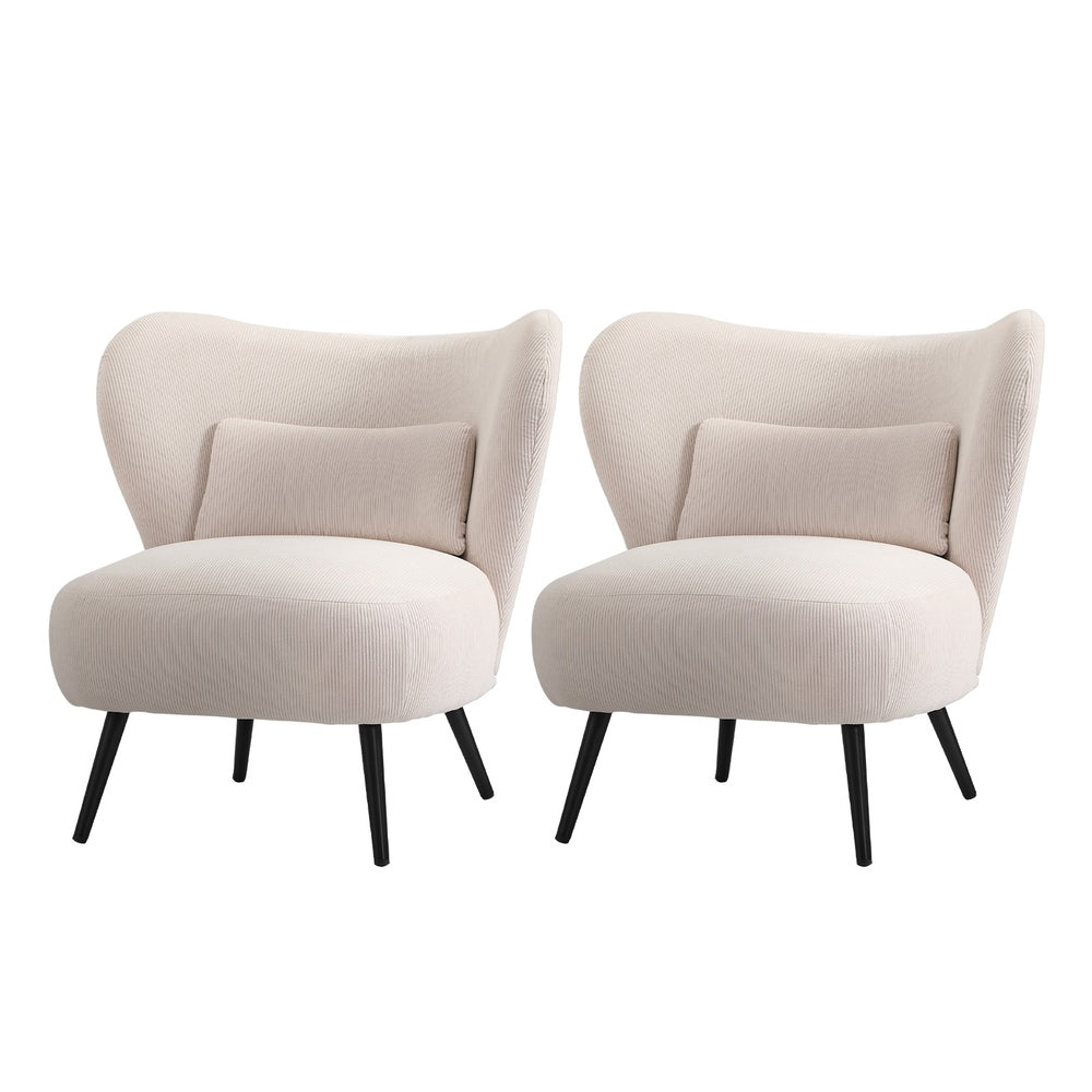 2x Armchair Lounge Chair Wingback with Lumbar Pillow Velvet Beige/Orange