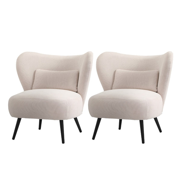  2x Armchair Lounge Chair Wingback with Lumbar Pillow Velvet Beige/Orange