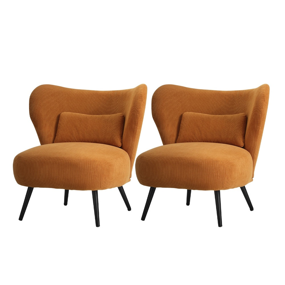 2x Armchair Lounge Chair Wingback with Lumbar Pillow Velvet Beige/Orange