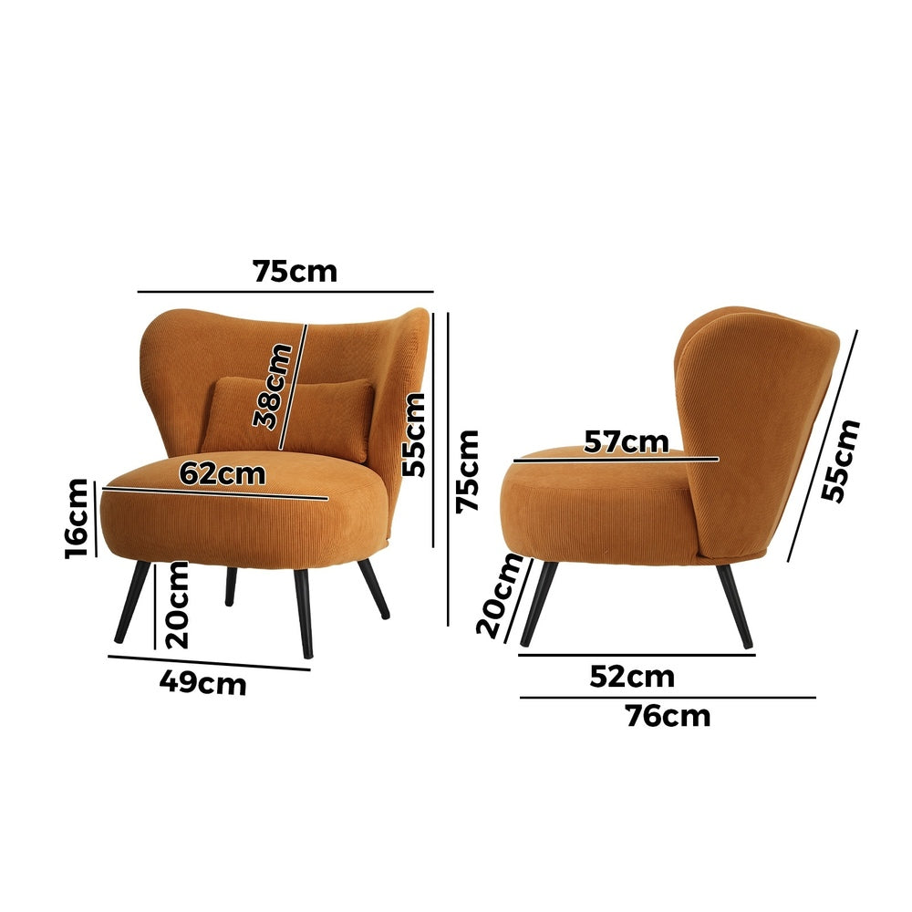 2x Armchair Lounge Chair Wingback with Lumbar Pillow Velvet Beige/Orange