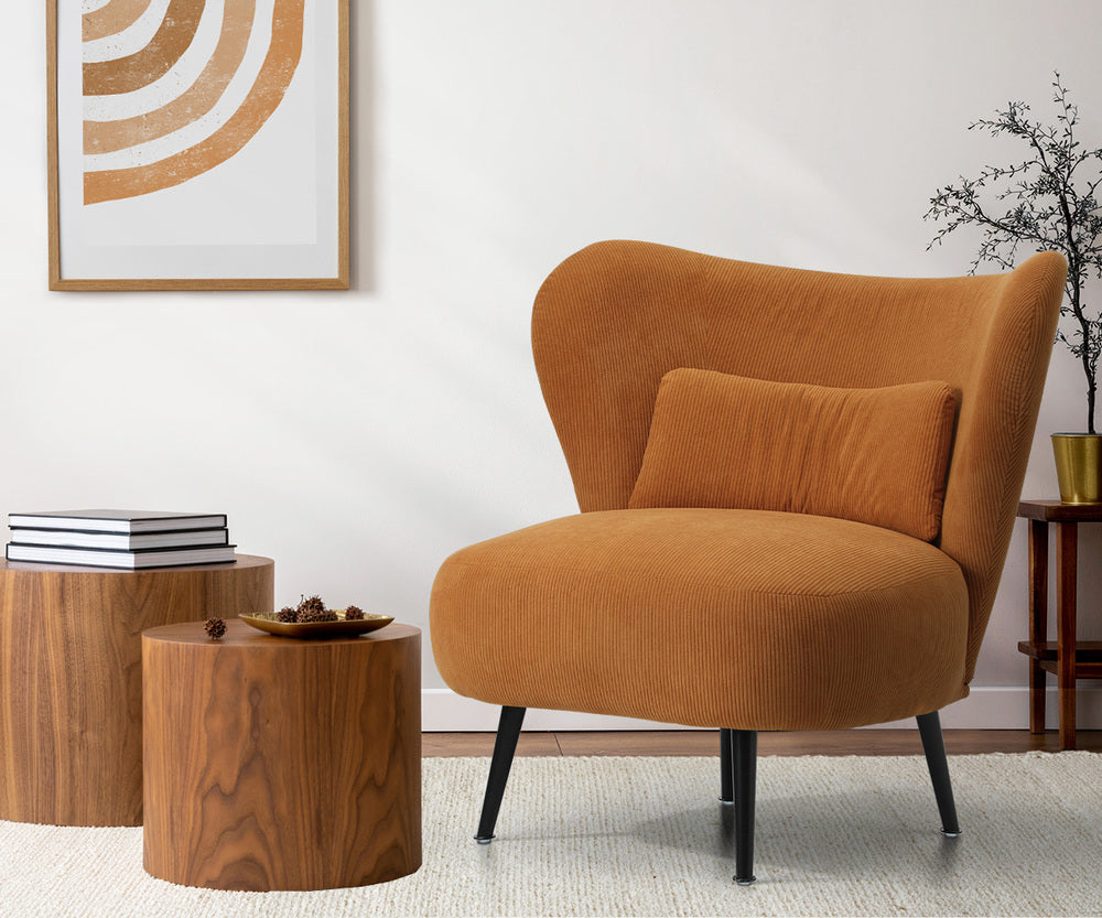 2x Armchair Lounge Chair Wingback with Lumbar Pillow Velvet Beige/Orange