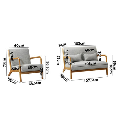 2PCS Armchair Lounge set 1/2 Seater 2 Pillows Fabric Grey