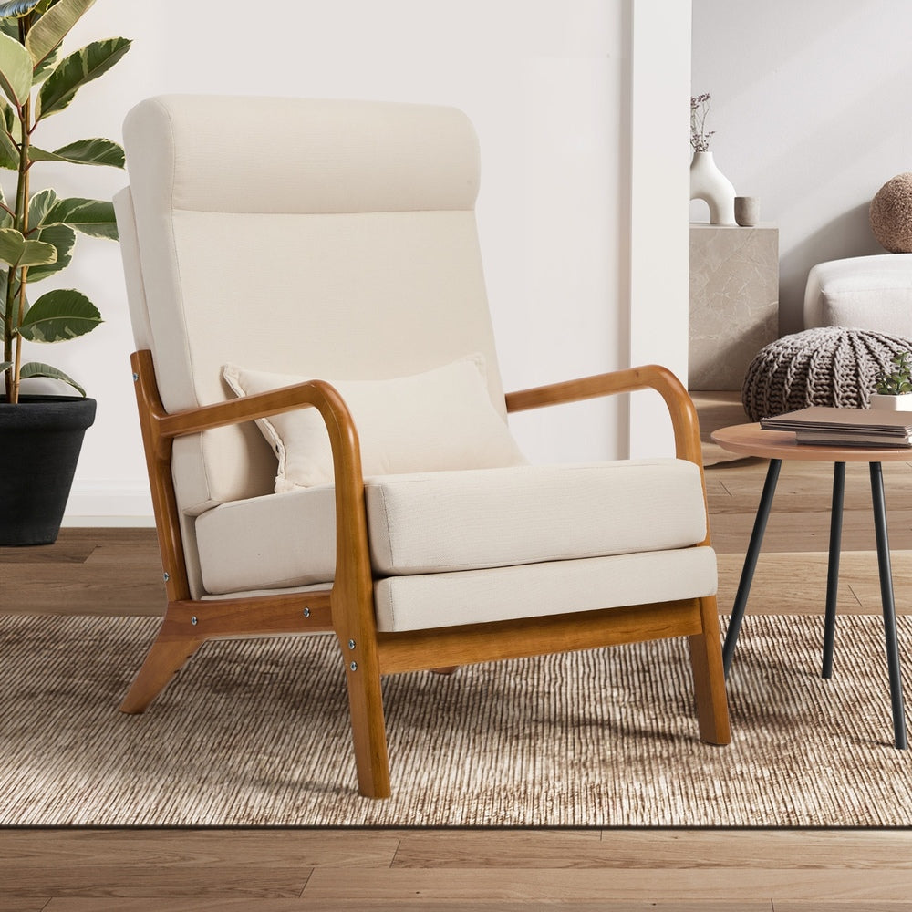 Linen Fabric Armchair Lounge Chair with Lumbar Pillow Beige & Green
