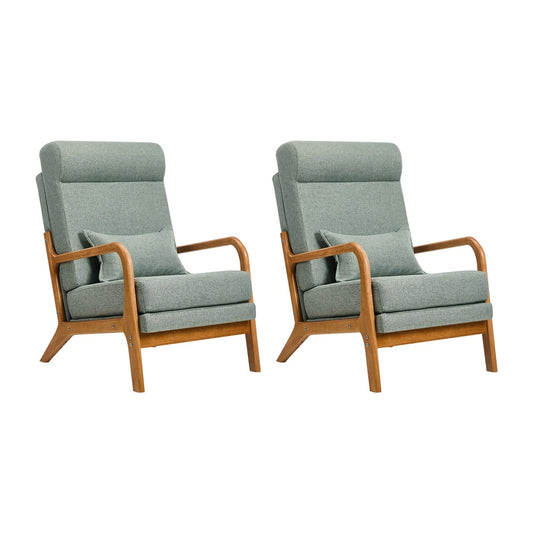 2x Linen Fabric Armchair Lounge Chair With Lumbar Pillow Green/Beige Upholstered Seating