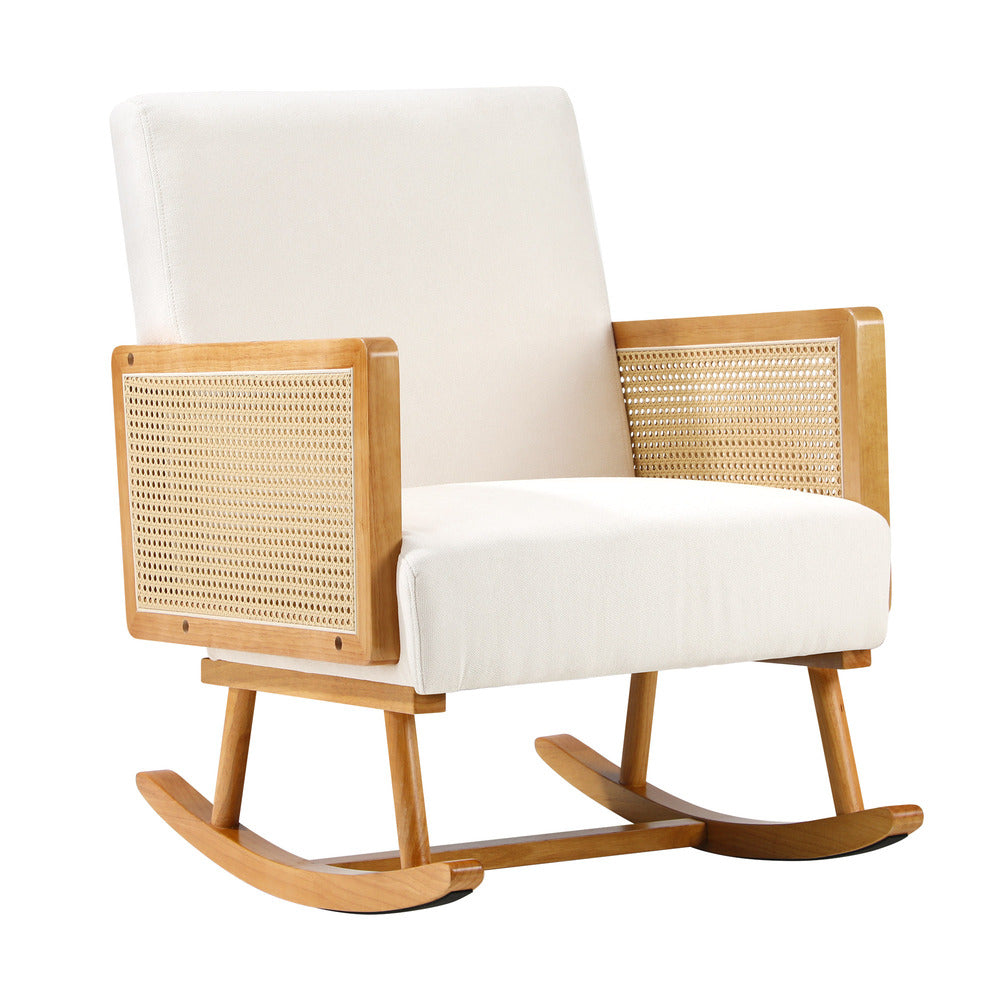Rocking Chair Nursing Armchair Linen Accent Chairs PE Rattan Beige