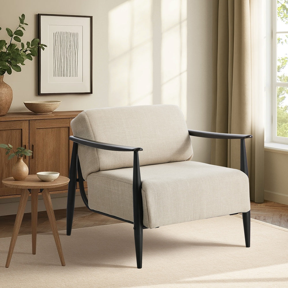 Wooden Armchair Lounge Sofa Fabric Accent Chair Beige/Grey Living Room Seat