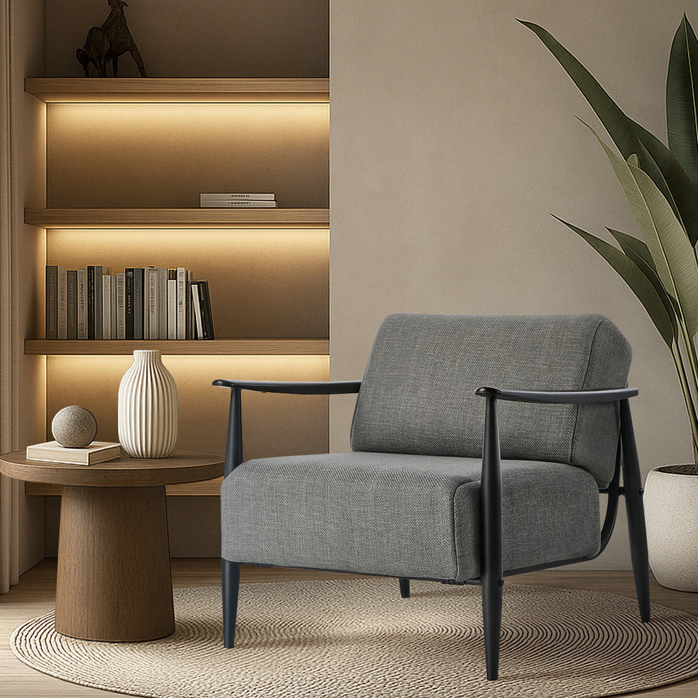 Wooden Armchair Lounge Sofa Fabric Accent Chair Beige/Grey Living Room Seat