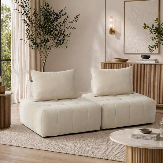 Chenille Floor Sofa Modular Set 2pc Beige | HomeAndLiving - 2