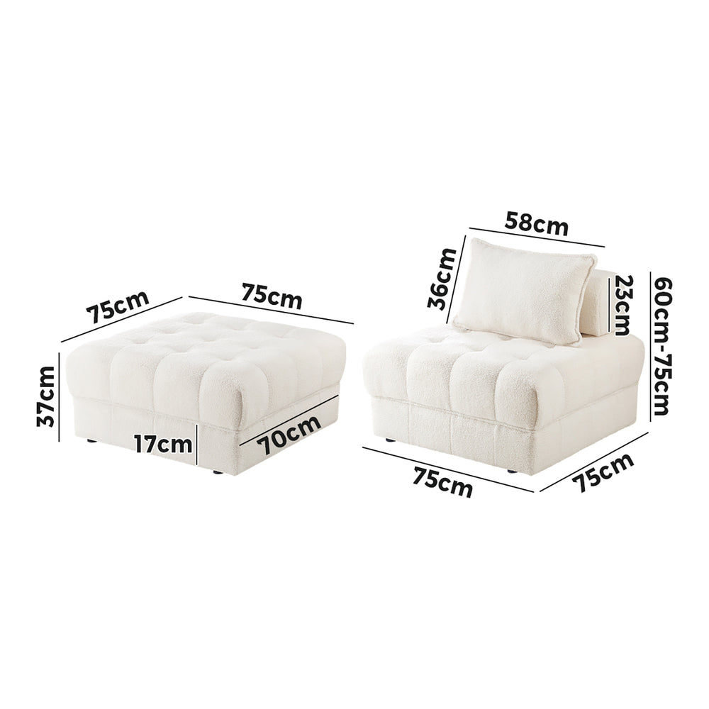 2-6 Seater Boucle Modular Sofa & Ottoman Set Armless White