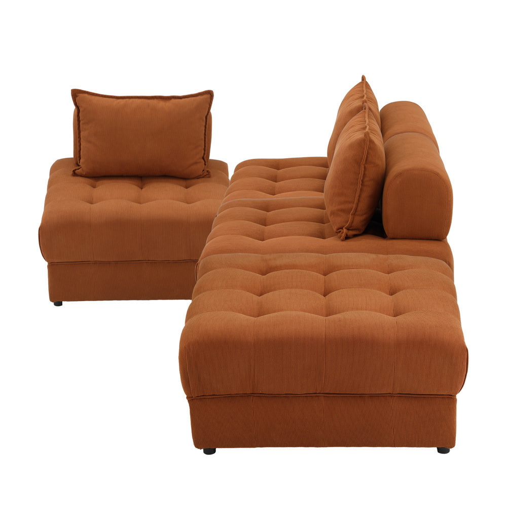 2 Seater Velvet Modular Sofa & Ottoman Set with Backrest Brown