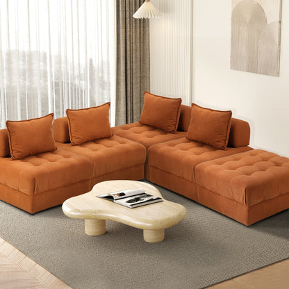 6 Seater Velvet Modular Sofa & Ottoman Set with Backrest Brown