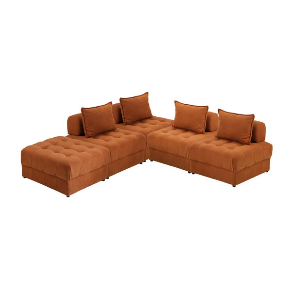  5/6 Seater Velvet Modular Sofa & Ottoman Set with Backrest Brown