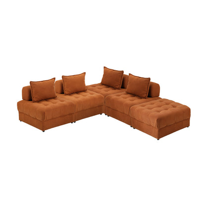 6 Seater Velvet Modular Sofa & Ottoman Set with Backrest Brown