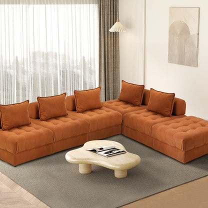 5 Seater Velvet Modular Sofa & Ottoman Set with Backrest Brown