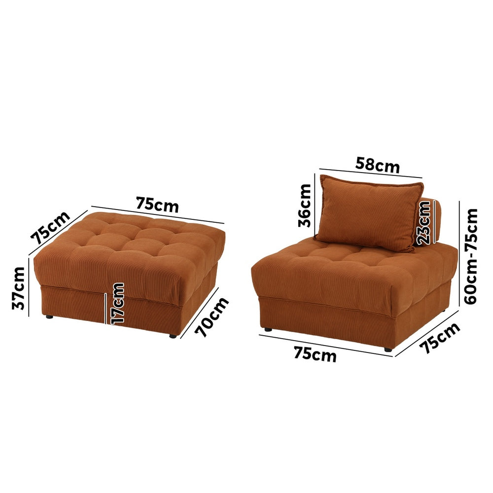 6 Seater Velvet Modular Sofa & Ottoman Set with Backrest Brown