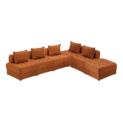 6 Seater Velvet Modular Sofa & Ottoman Set with Backrest Brown