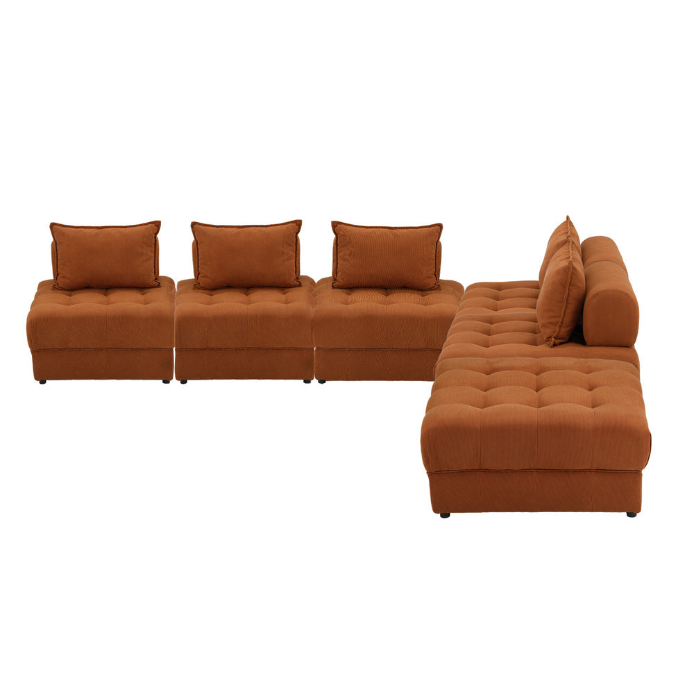 5 Seater Velvet Modular Sofa & Ottoman Set with Backrest Brown