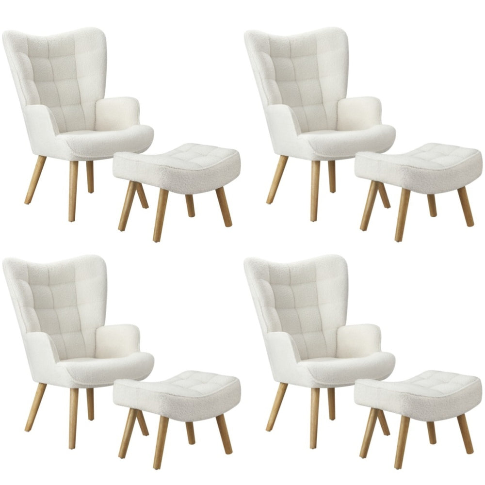 4x Armchair Lounge Chair Ottoman Sherpa Sofa White
