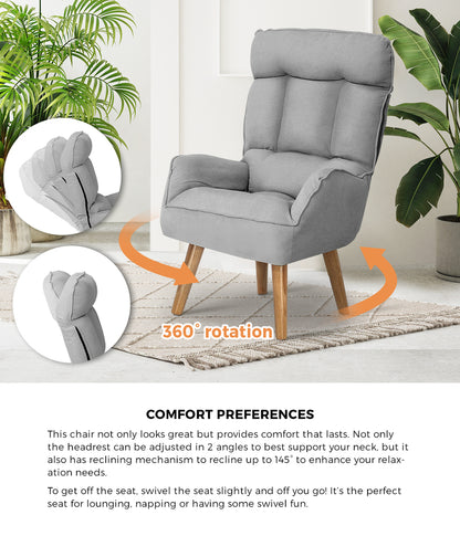 Armchair wit Stool, Home Lounge with 360 Swivel Seat and 145 Recline Grey
