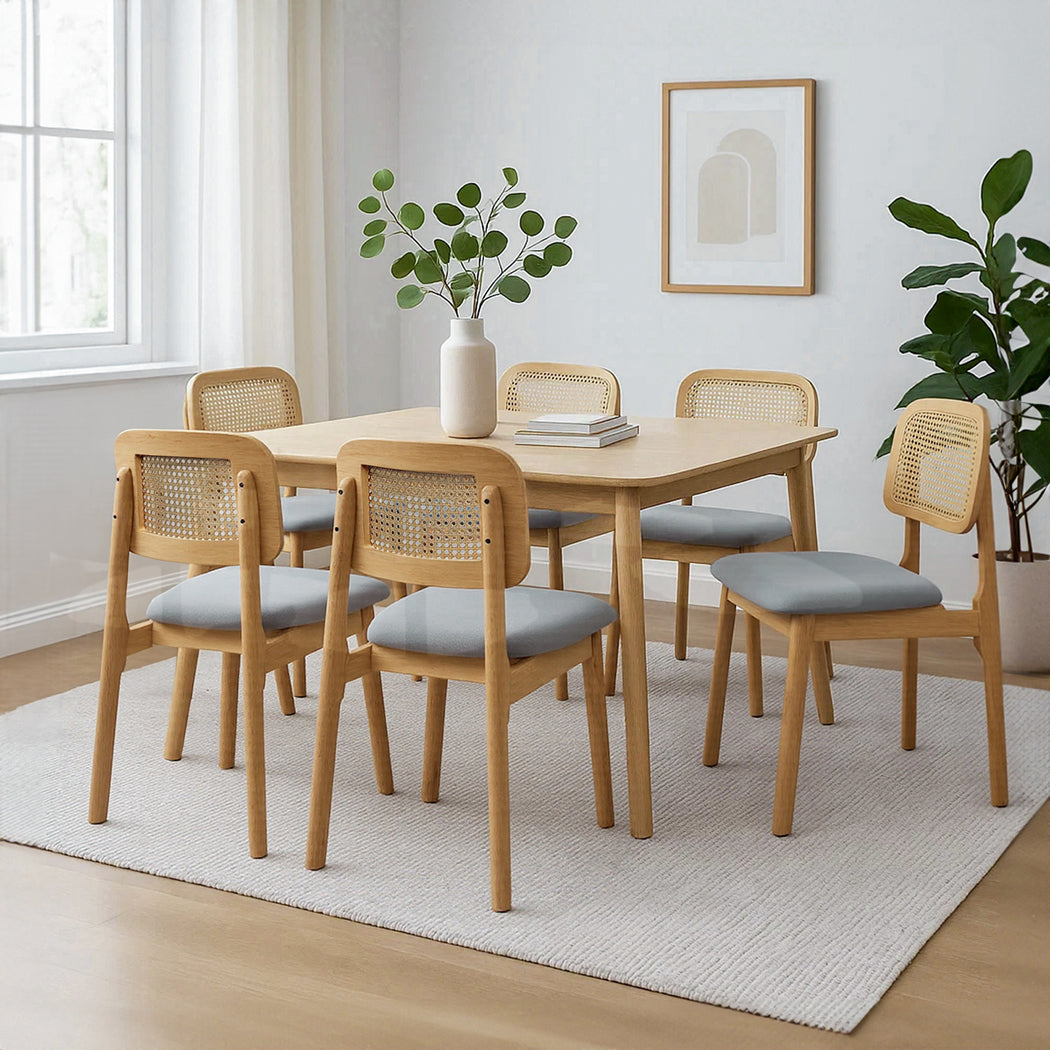 Functional Dining Chair Wood Rattan Armless Natural x6  Premium