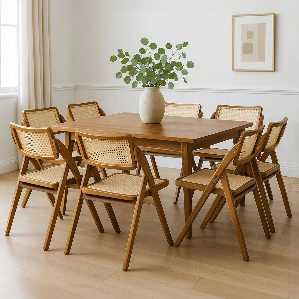 Compact 8X Foldable Rattan Dining Chairs  Wood Finish Classic