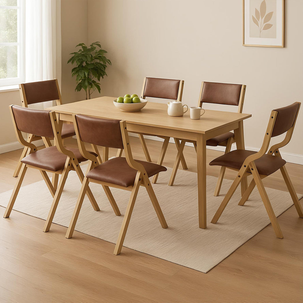 Elegant 6x Dining Chairs Foldable PU Tan  Wood Finish Classic