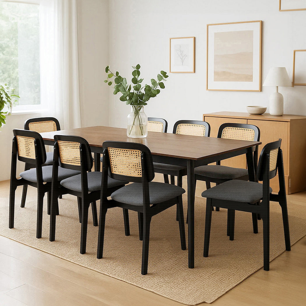 Contemporary Dining Chair Wood Rattan Armless Black x8  Space-Saving