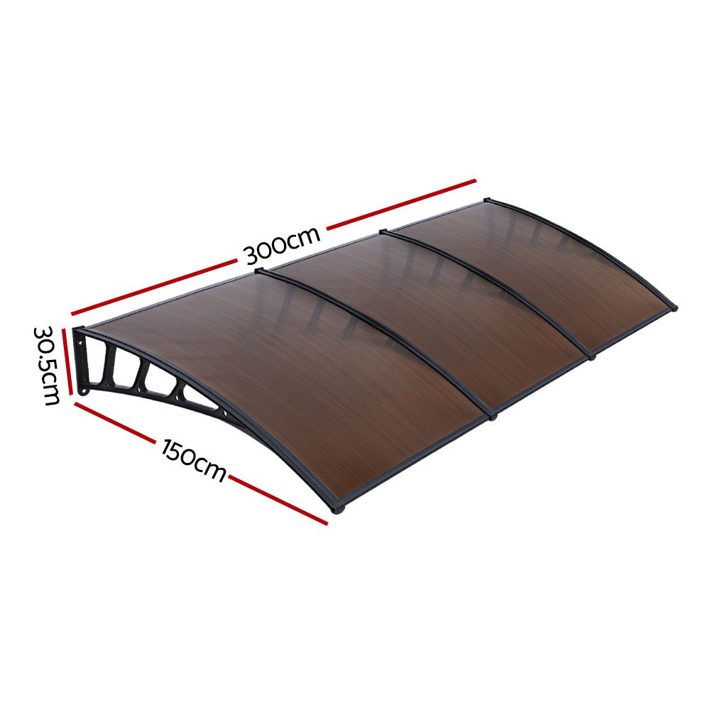 Window Door Awning Canopy 1.5Mx3M Brown Sheet Black Plastic Frame