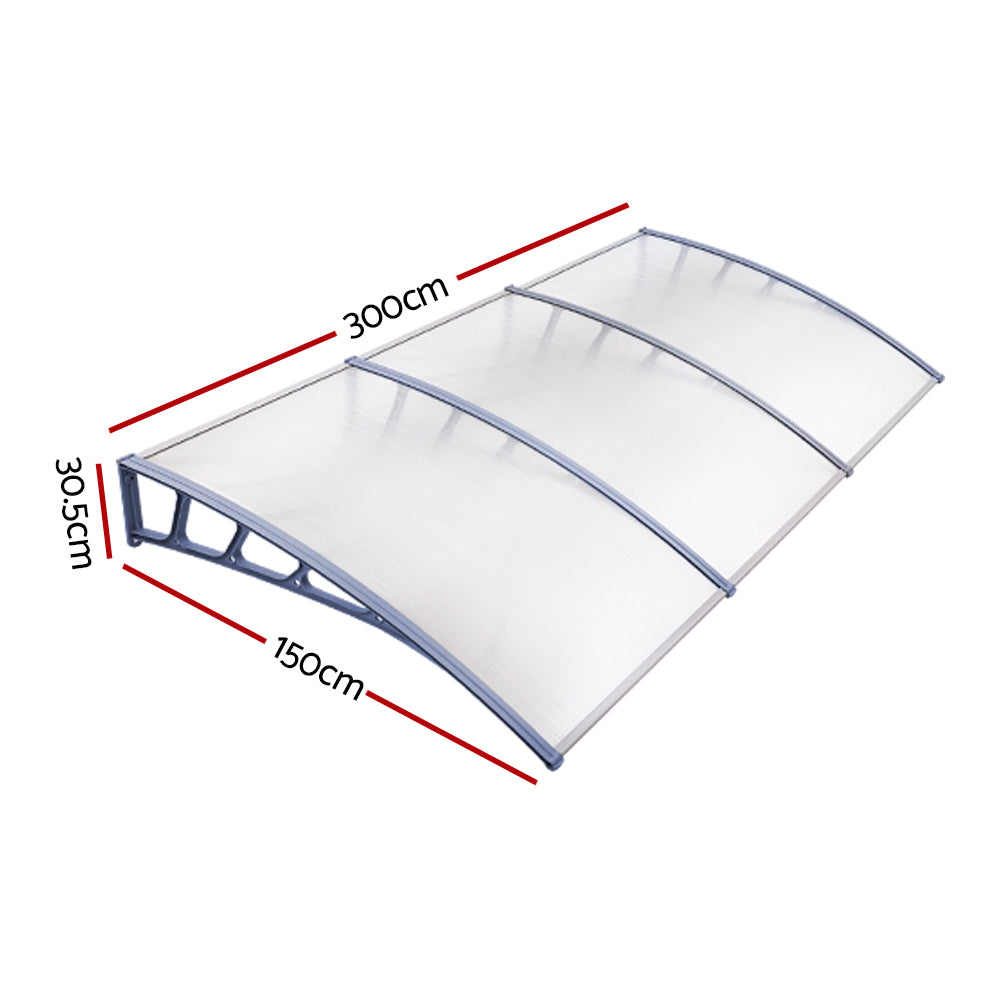 Window Door Awning Canopy 1.5Mx3M Transparent Sheet Grey Plastic Frame