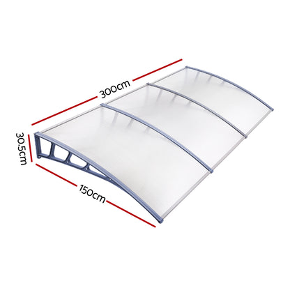 Window Door Awning Canopy 1.5Mx3M Transparent Sheet Grey Plastic Frame