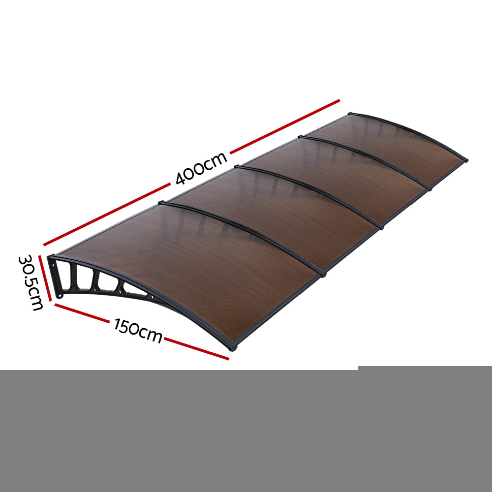 Window Door Awning Canopy 1.5Mx4M Brown Sheet Black Plastic Frame