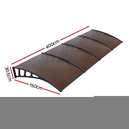 Window Door Awning Canopy 1.5Mx4M Brown Sheet Black Plastic Frame