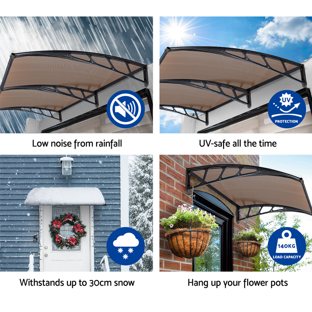 Window Door Awning Canopy 1.5Mx4M Brown Sheet Black Plastic Frame