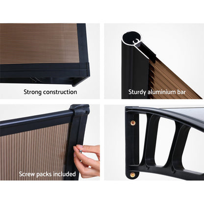 Window Door Awning Canopy 1.5Mx4M Brown Sheet Black Plastic Frame