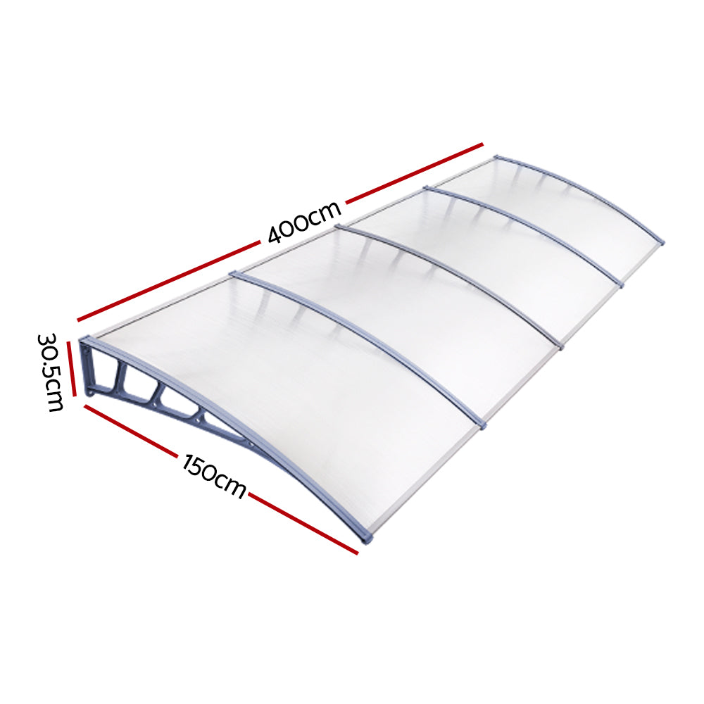 Window Door Awning Canopy 1.5Mx4M Transparent Sheet Grey Plastic Frame
