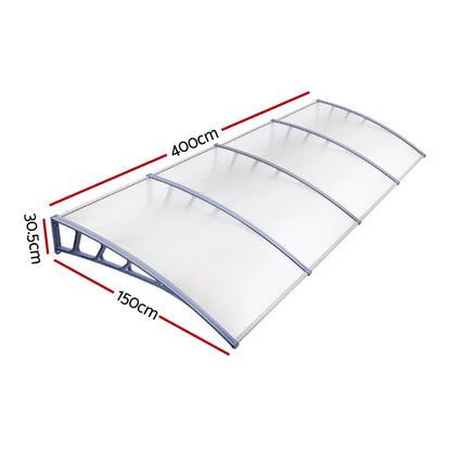 Window Door Awning Canopy 1.5Mx4M Transparent Sheet Grey Plastic Frame