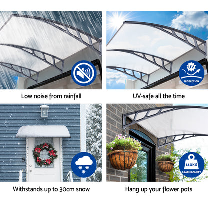 Window Door Awning Canopy 1.5Mx4M Transparent Sheet Grey Plastic Frame